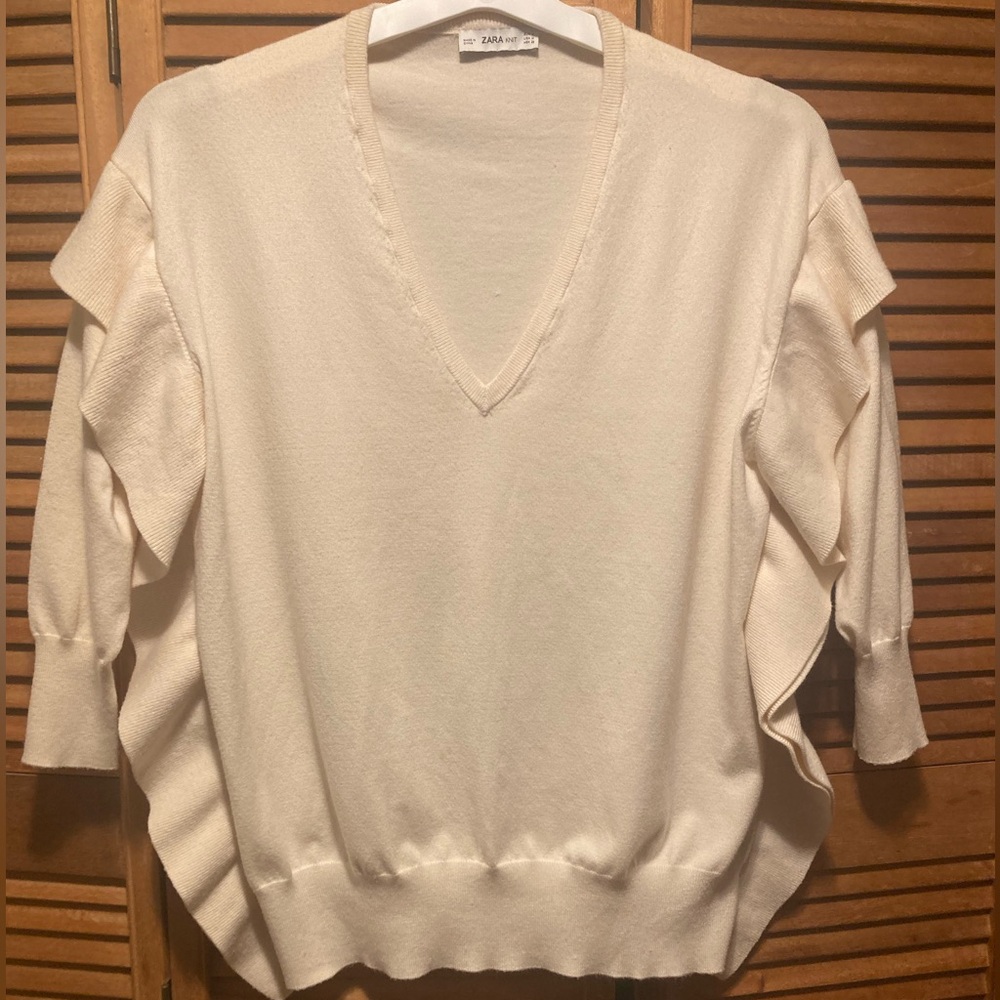 Zara Knit Cream Side Ruffled V-Neck Oversized Sweater